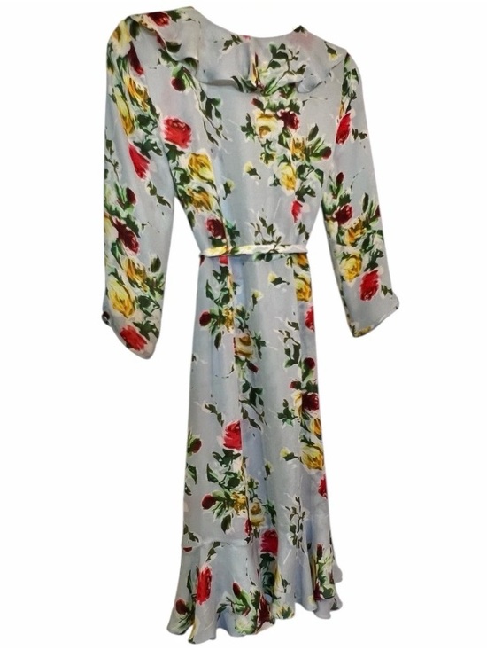 Milly of New York Light Blue Floral Wrap Midi Dress with Yellow & Red Roses - Picture 12 of 15